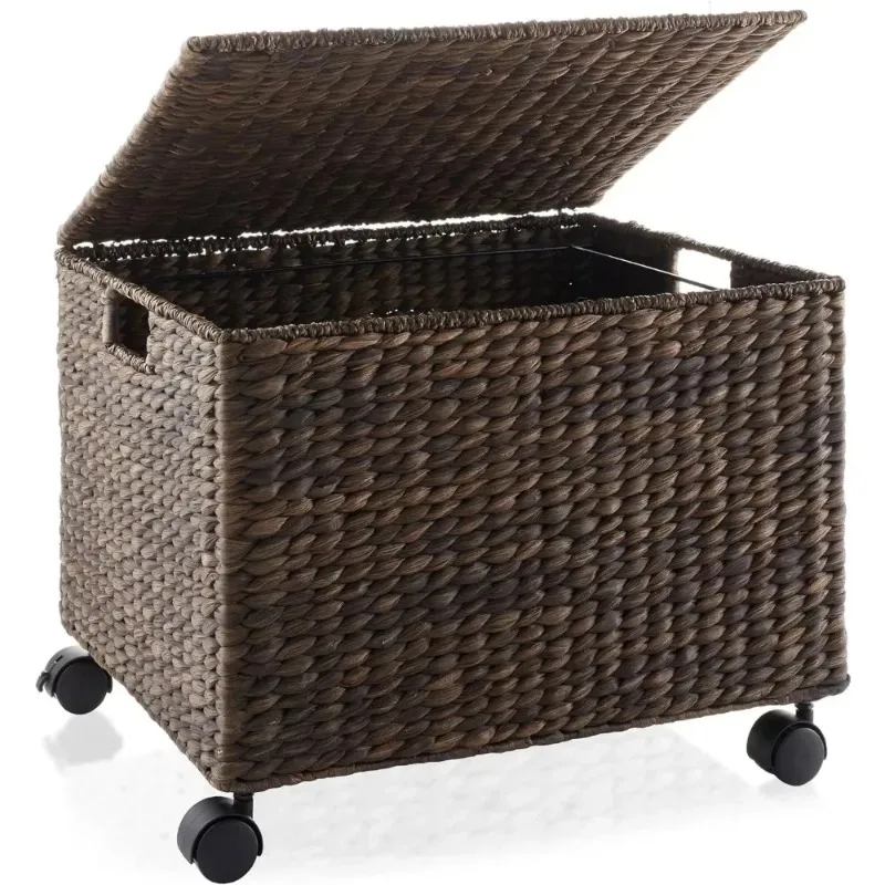 Rolling Filing Cabinet, Espresso - Water Hyacinth File Organizer With Lid And Locking Wheels