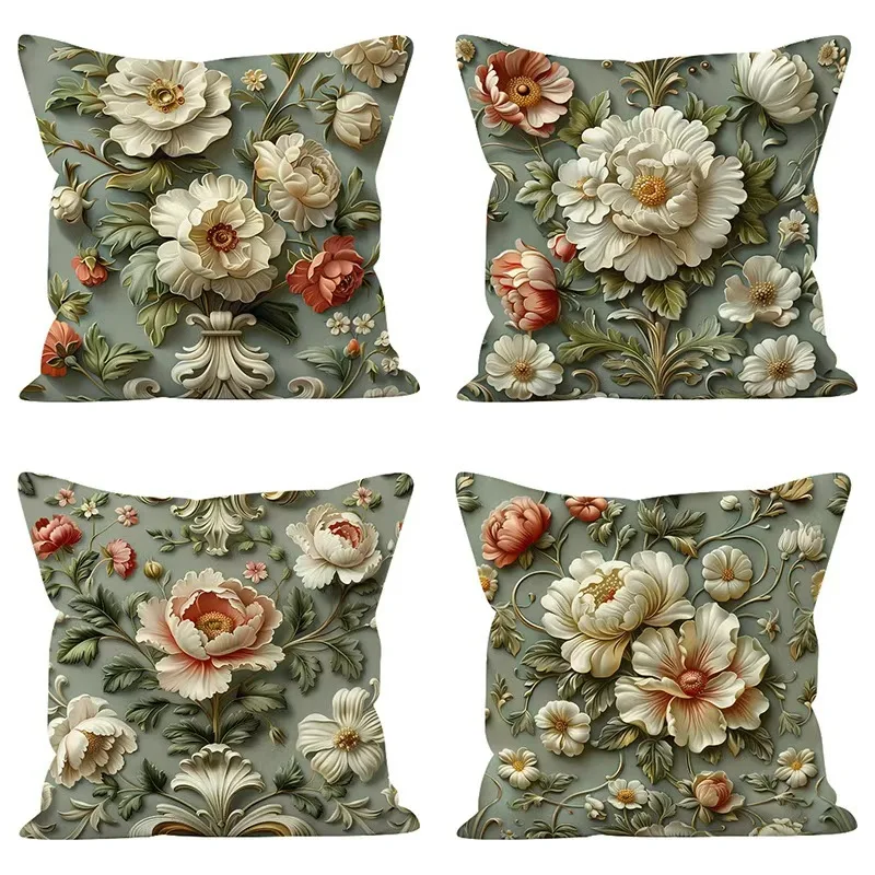 Cross Border Vintage Floral Pillow Cover Oil Painting Style Carving Print Home Sofa Cushion Case cushion cover