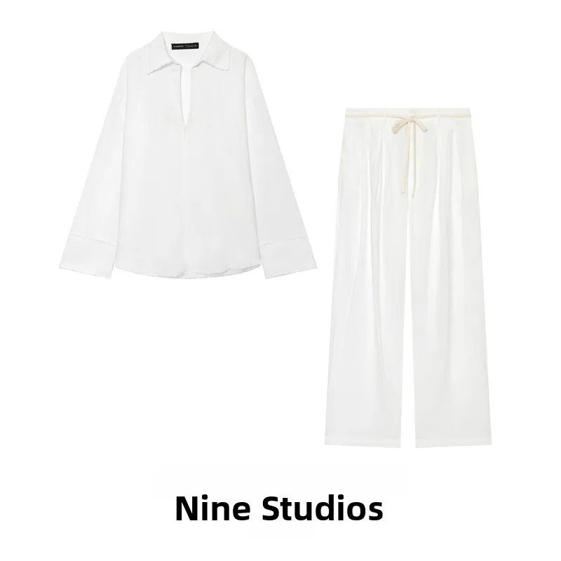 NINE ZAR Women's Fashion Set Long Sleeve Shirt with Frayed Hem And Belted Mix Fabric Pants Summer Collection Two-Piece Suit