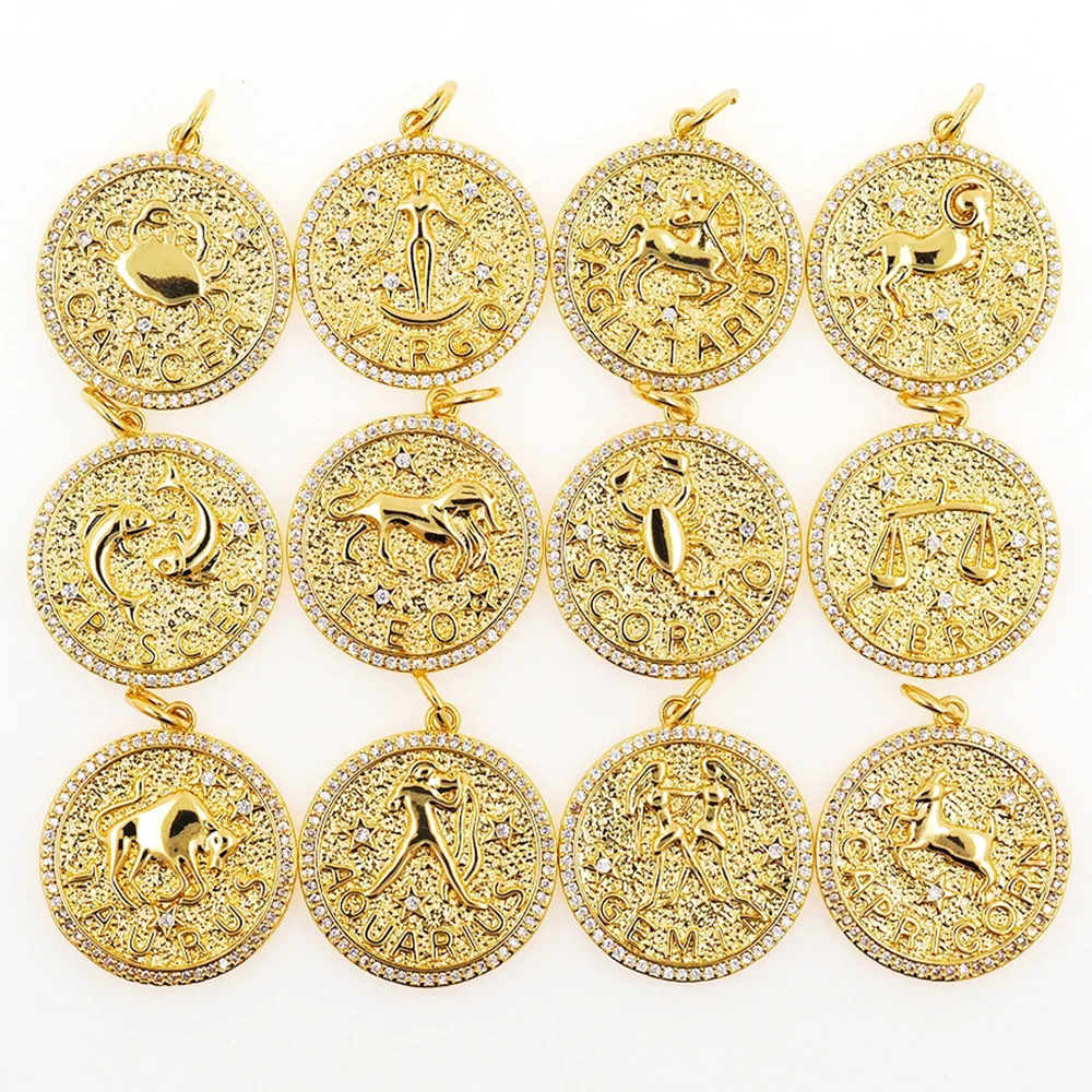 

New Twelve Constellation Pendant Necklace CZ Gold Plated Charm Zodiac Metal Astrology DIY Keychain Jewelry Accessories For Women