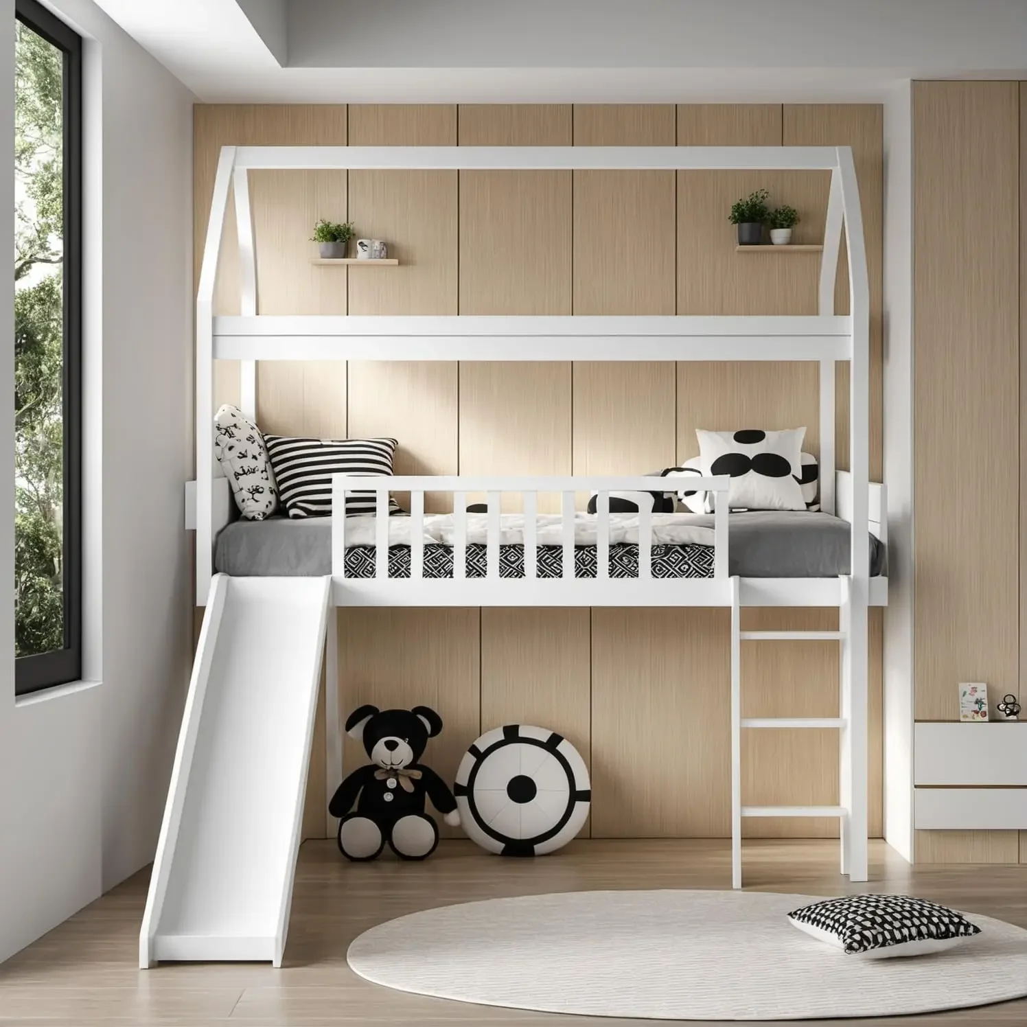 Full Size Loft Bed With Slide & Ladder,House Shaped Solid Pine Wood Bed Frame W/Safety Guardrail For Kids, Teens, Girls,