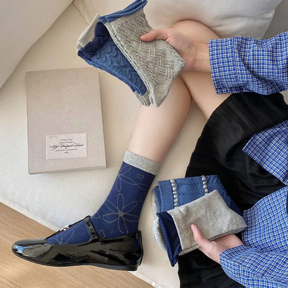 

1/3/5pcs New England Style Cotton Mid-Calf Socks Blue Gray Autumn Winter College Style Diamond Plaid Ripple Retro Mid Tube Socks