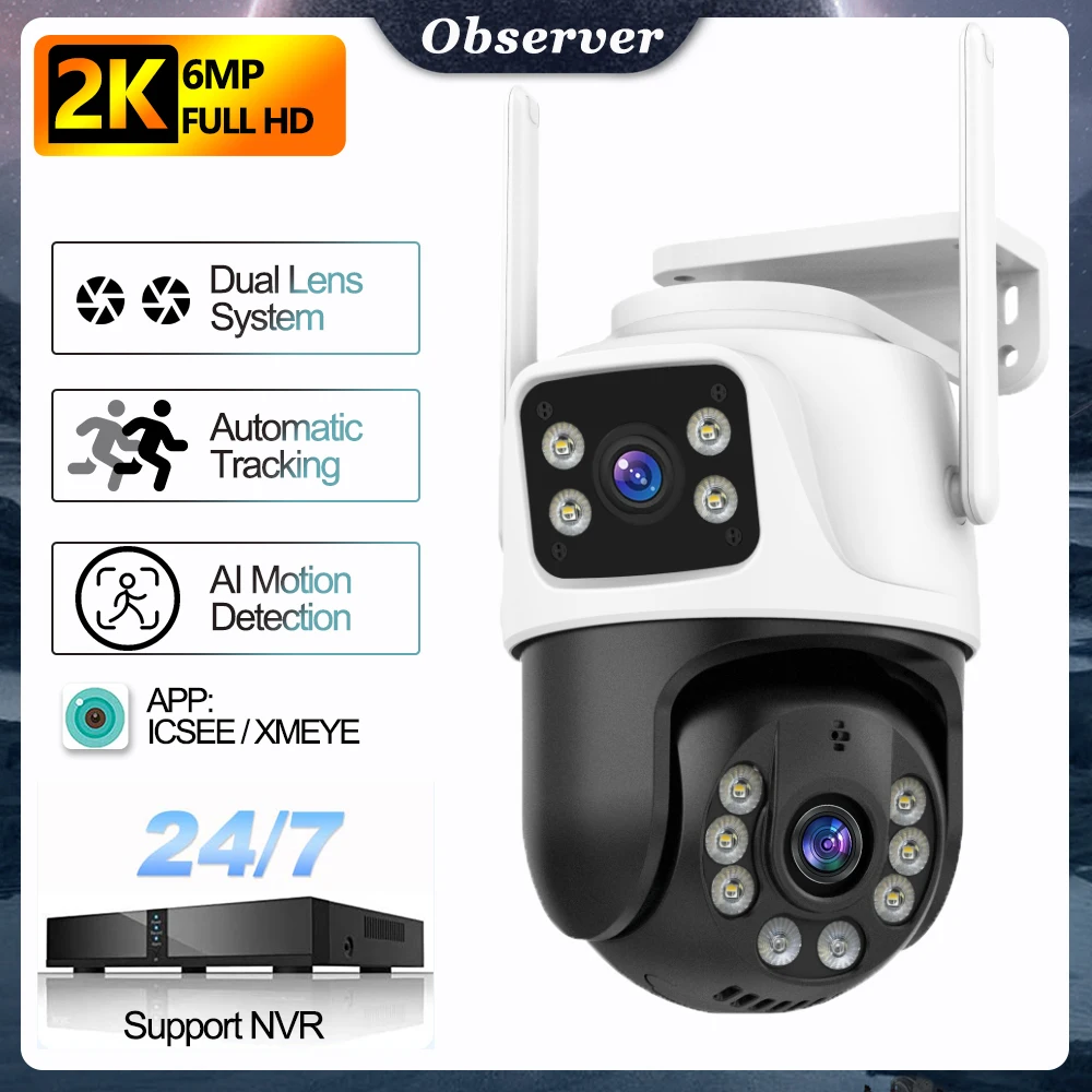 

6MP 2K PTZ IP-камера, уличная камера Dual Len WiFi, беспроводное наблюдение HD 4MP H.265, охранное видеонаблюдение, 4MP, AI Tracking, P2P, Onvif, iCsee