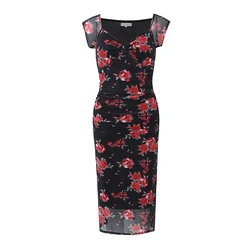 YENKYE Summer 2024 Women Floral Print Mesh Dress Short Sleeve V Neck Female Bodycon Sexy Vintage Dresses