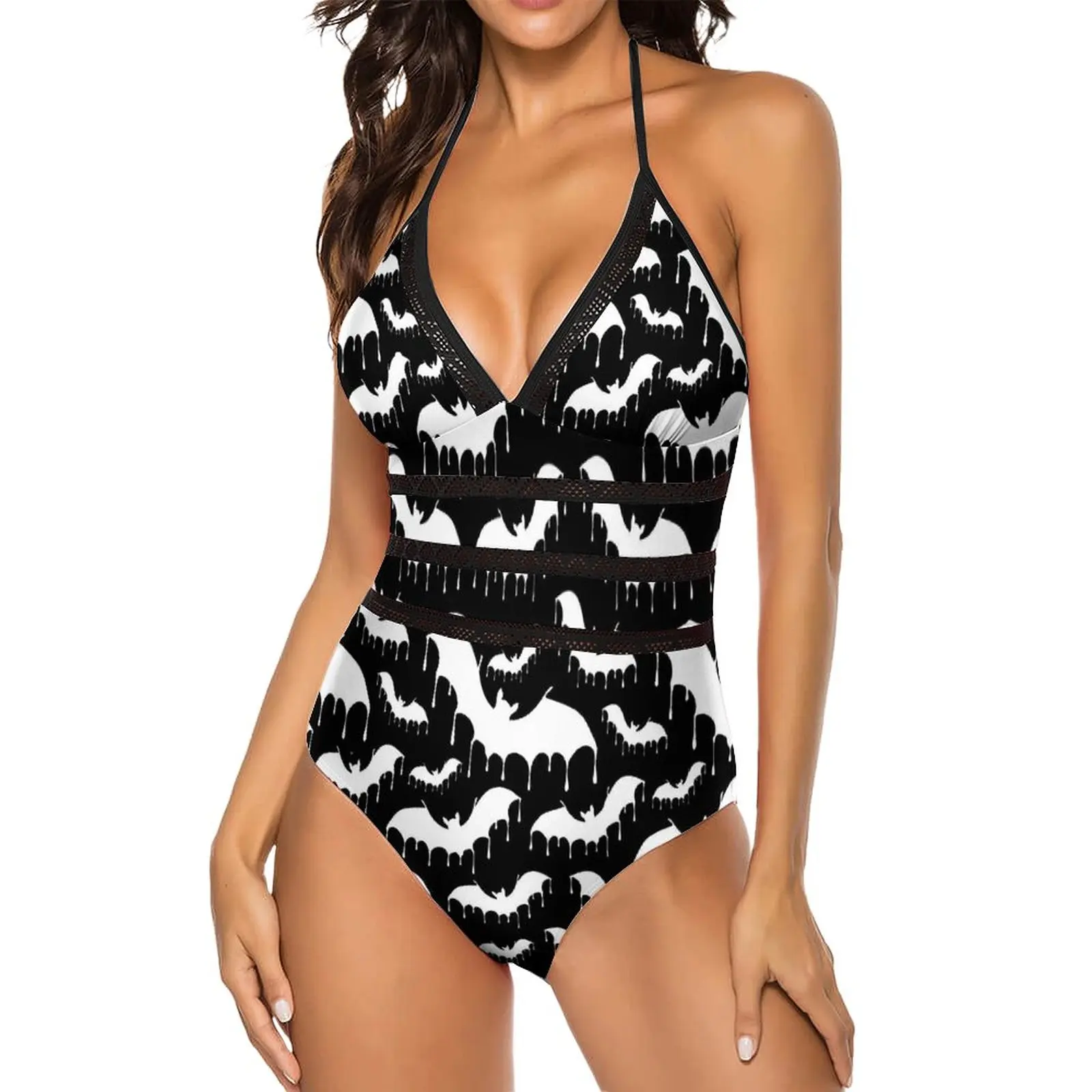 White Bat Swimsuit Sexy Gothic Halloween V Neck Swimwear One-Piece Fantasy Bodysuit Surfing Push Up Monokini