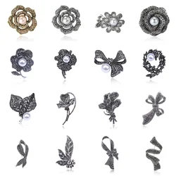 Vintage Black Pearl Flower Brooches for Women Unisex Plant Pins Multi-color Available Office Party Accessories Gifts