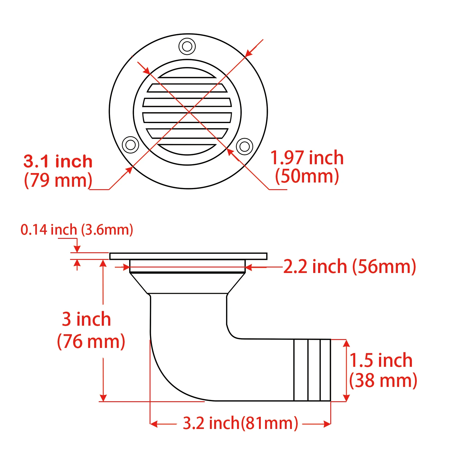 1 1/2 Inch (38MM) Boat Deck Floor Drain 90 Degree Marine Stainless Steel 316 Deck Drain Scuppers