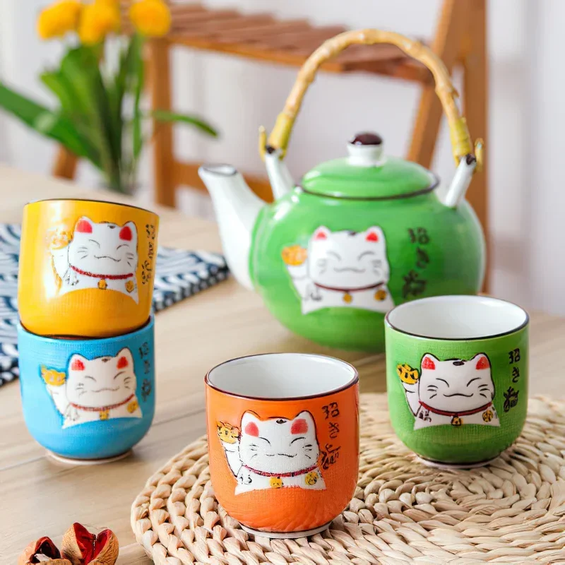 Japanese Creative Multicolor Cartoon Lucky Cat Ceramic Coffee Tea Set Chinese Style Wooden Tray Lift Beam Pot Tea Cup Set