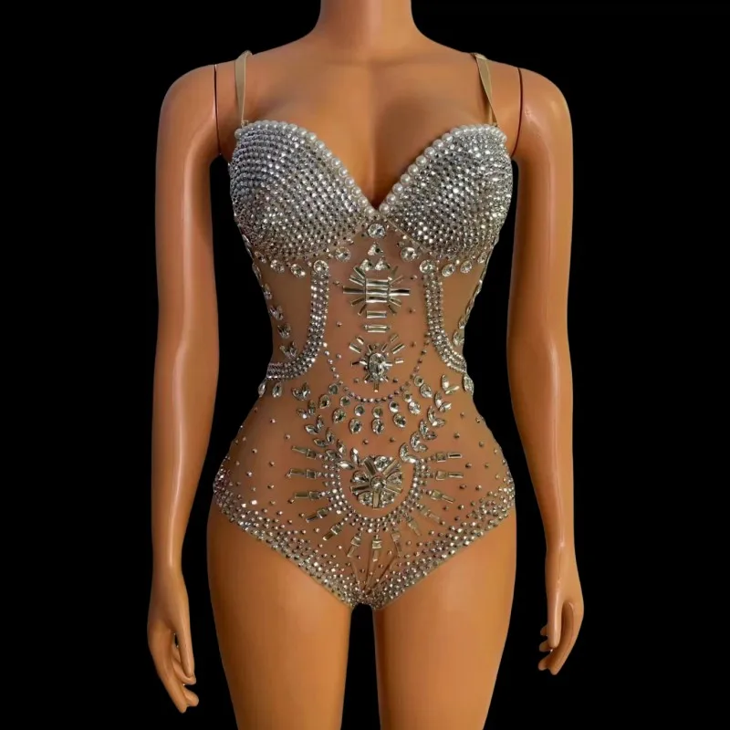 반짝 이는 실버 크리스탈 레오타드 섹시한 메쉬 클럽 파티 여성 가수 DJ 폴 댄스 라인 석 바디 슈트 섹시한 무대 댄스 의상