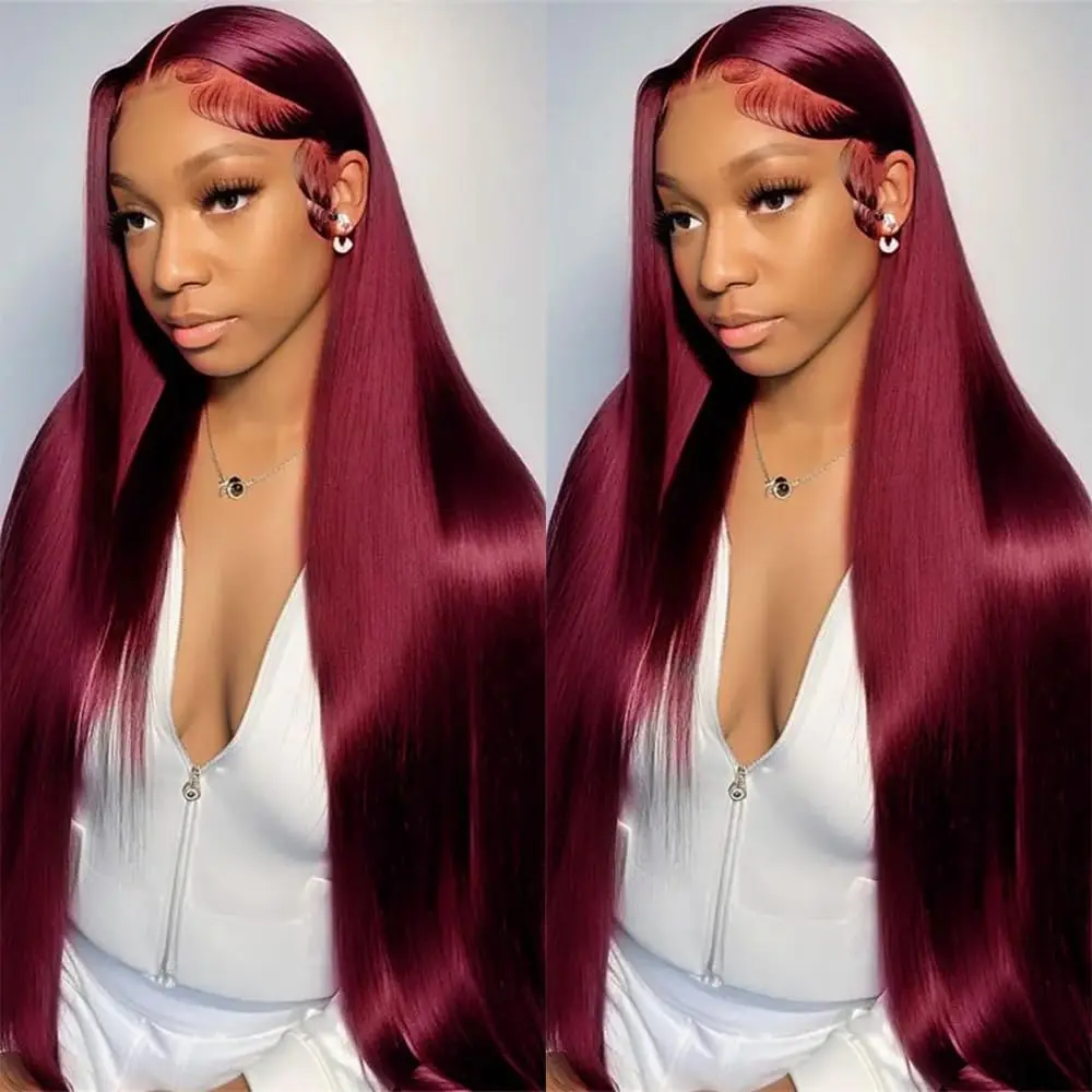 

Burgundy Wig Human Hair 13x4 HD Transparent Lace Straight 99J Red Human Hair Wig Colored Lace Frontal Wigs