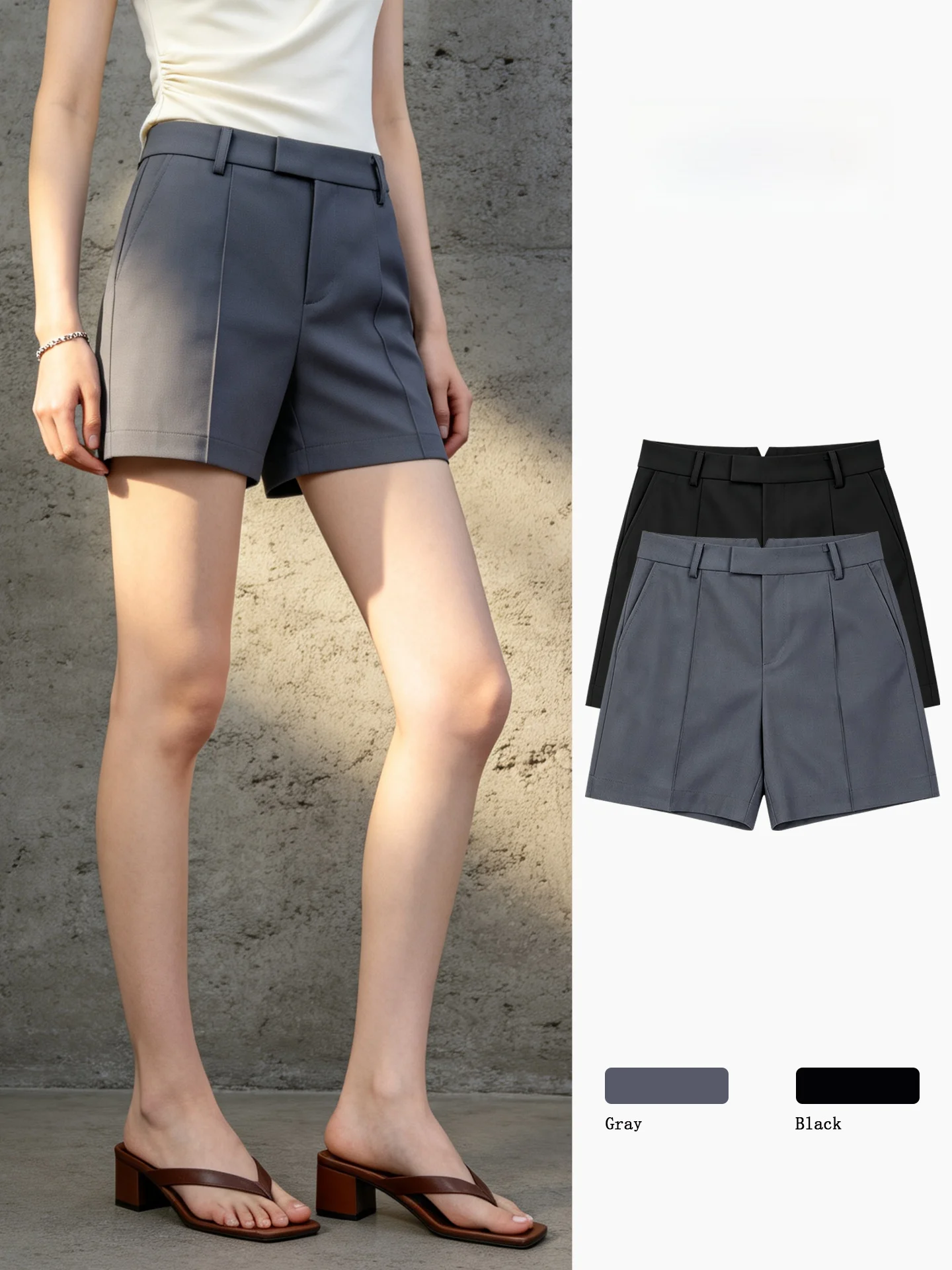 

Gray High Waist Straight Leg Pants Women's Casual Summer Suit Fabric Commute Slimming Trousers Korean Style Pure Color