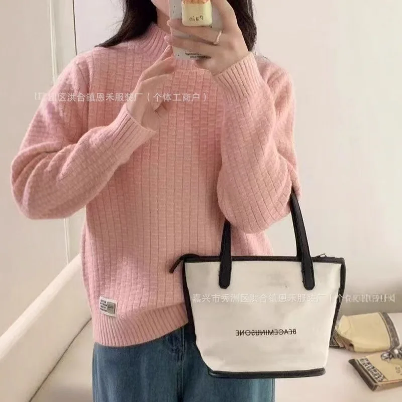 

Loose Sweater Women Thicken Knitwear2025Autumn Winter Bottoming Shirt New Semi-turtleneck Coat Student Pullover Female Joker Top