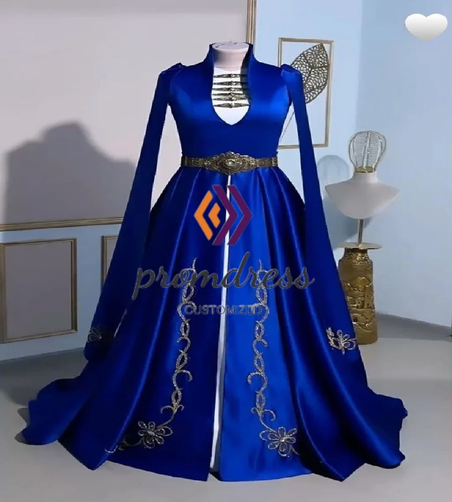 전통적인 Circassian 로얄 블루 이브닝 드레스 러시아 백인 댄스 파티 드레스 빈티지 Caftan 모로코 이슬람 파티 Vestio Novia