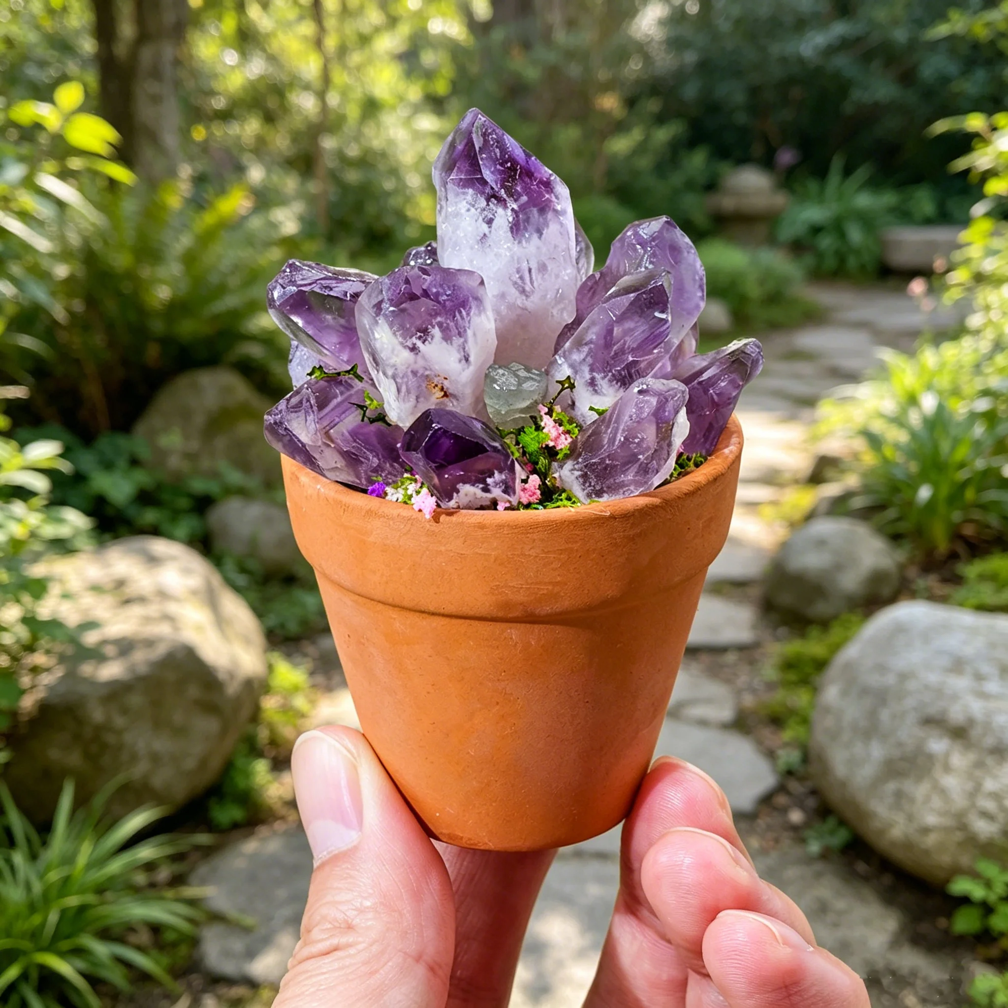 1PC Natural Crystal Cluster with Mini Clay Pot Base, Amethyst Quartz Healing Gemstone Pot Ornament, Potted Plant Style Craft, Fe view 6