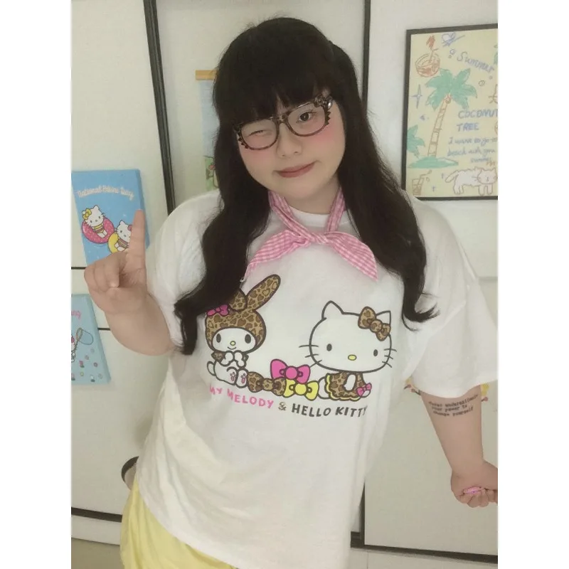 

Korean Designer Summer Women’s T-shirts Japanese Hello Kitty Merch Clothing Harajuku Y2K Oversized Pure Cotton Half-sleeve tee