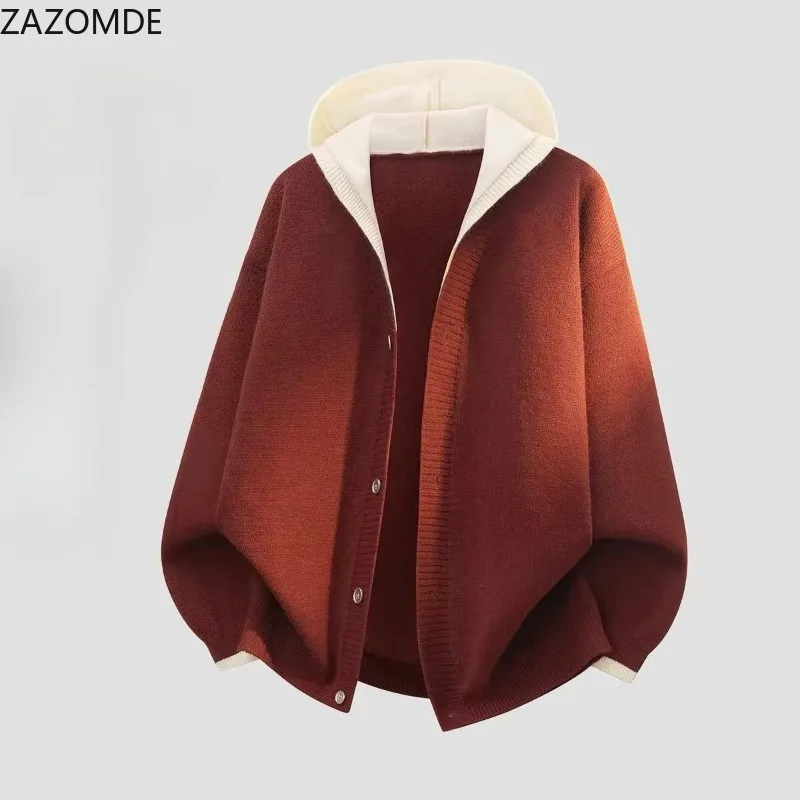 Men's Hooded Knitted Cardigan Button Front Contrast Hood Soft Fuzzy Sweater Loose Casual Autumn Winter Warm Jumper  Mens Clothes