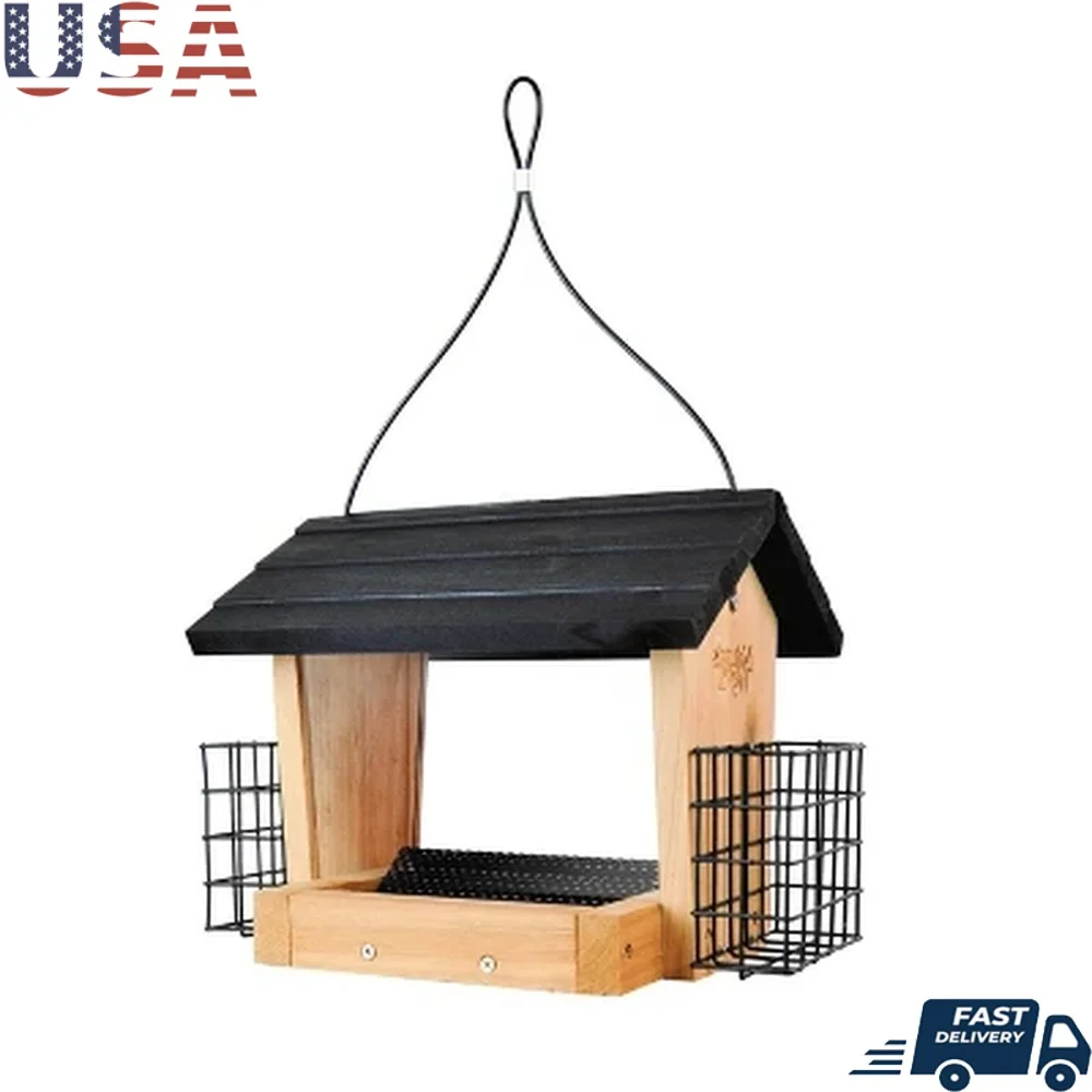 

Cedar Hopper Bird Feeder with Suet Cages Easy to Clean 3qt Capacity Attracts Cardinals Woodpeckers Nuthatches Finches Rust