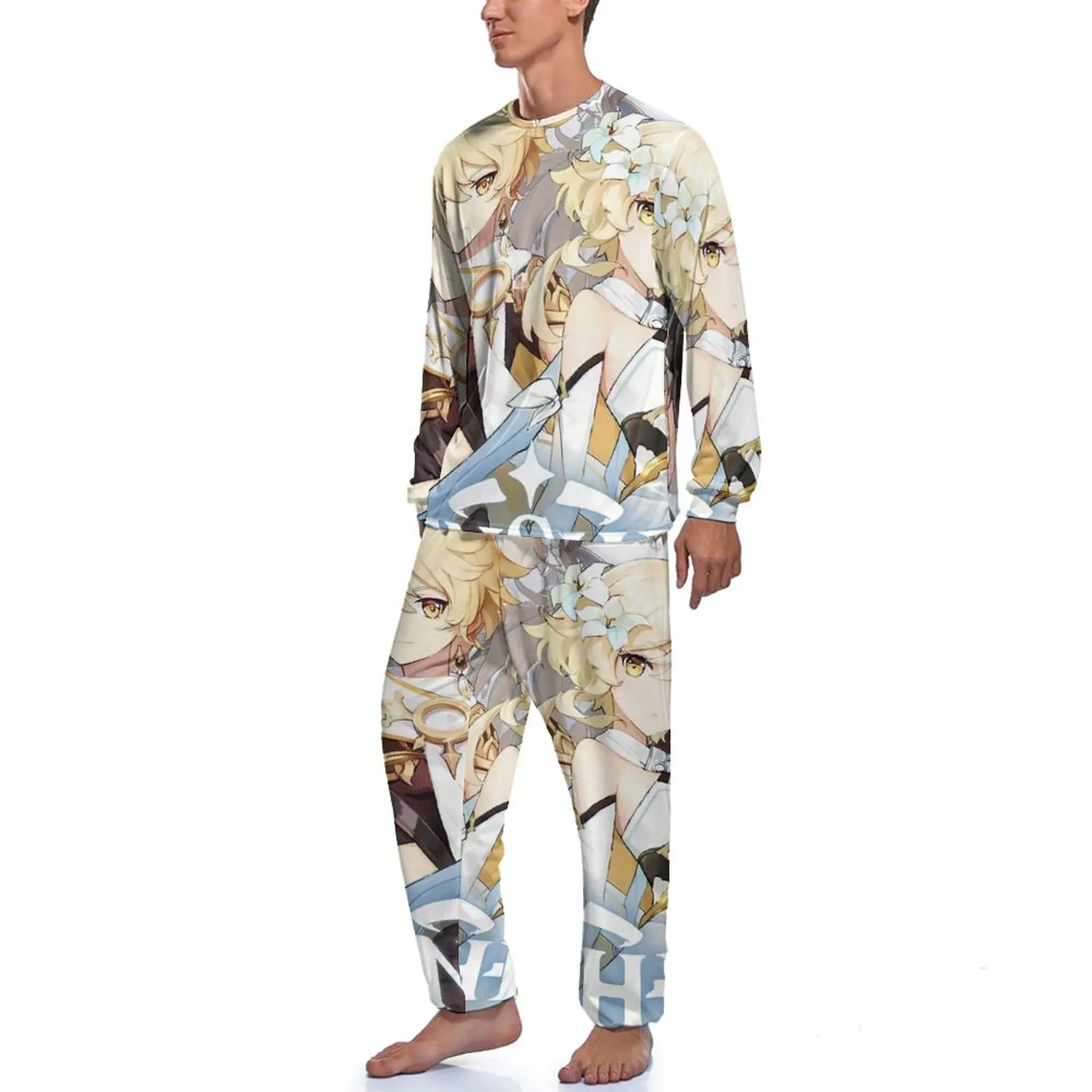 Genshin Impact Pajamas Cute Anime Men Long Sleeve Kawaii Pajamas Set 2 Piece Casual Winter Printed Sleepwear Birthday Present