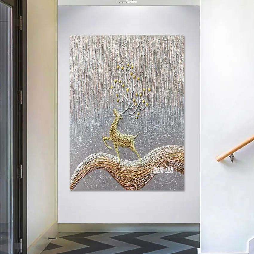 Contemporary Abstract Animal Art Canvas Roll Unframed Golden Handmade Oil Paintings, Deer Decorative Pictures For Living Room