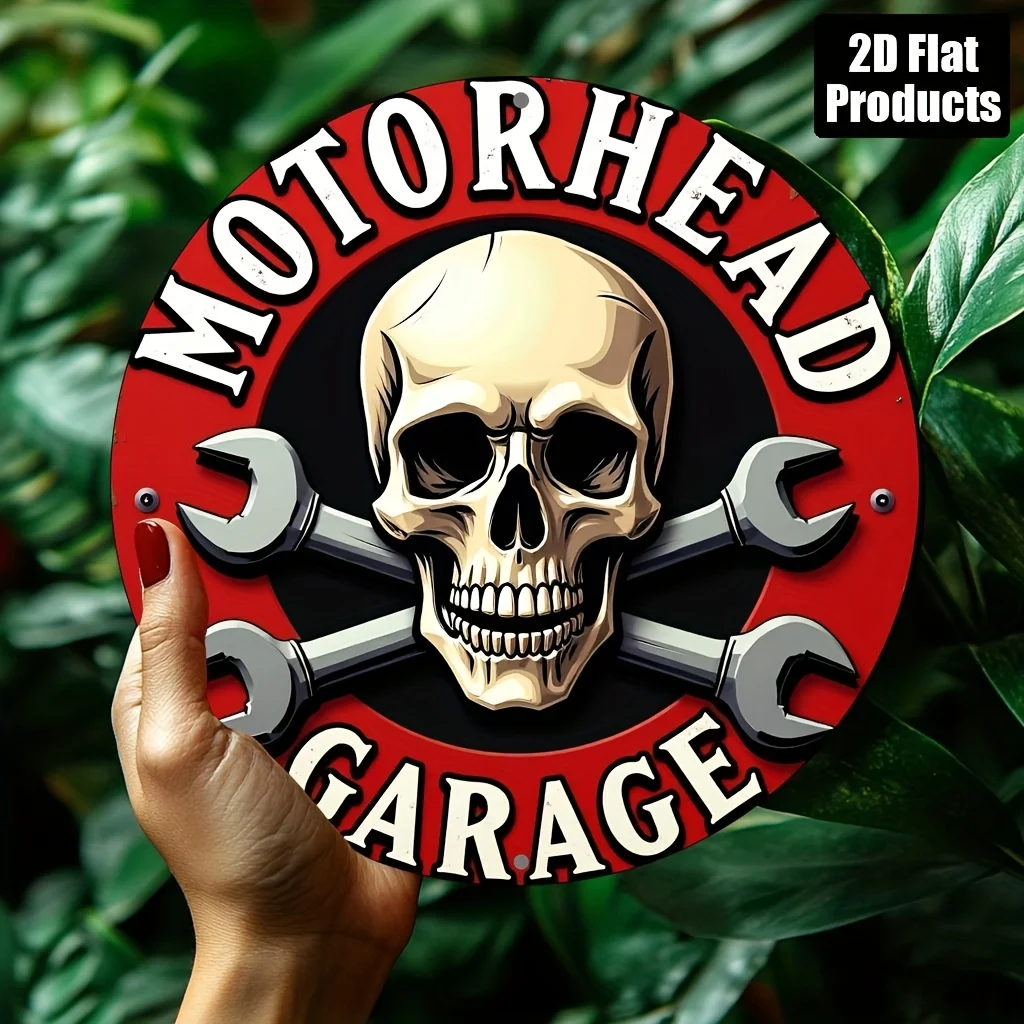2D flach – 1 Stück Motorrad-Schädel-Thema, rundes dekoratives Schild aus Aluminium und Metall, Wandschild im Vintage-Stil für Zuhause, Bar, Kitc