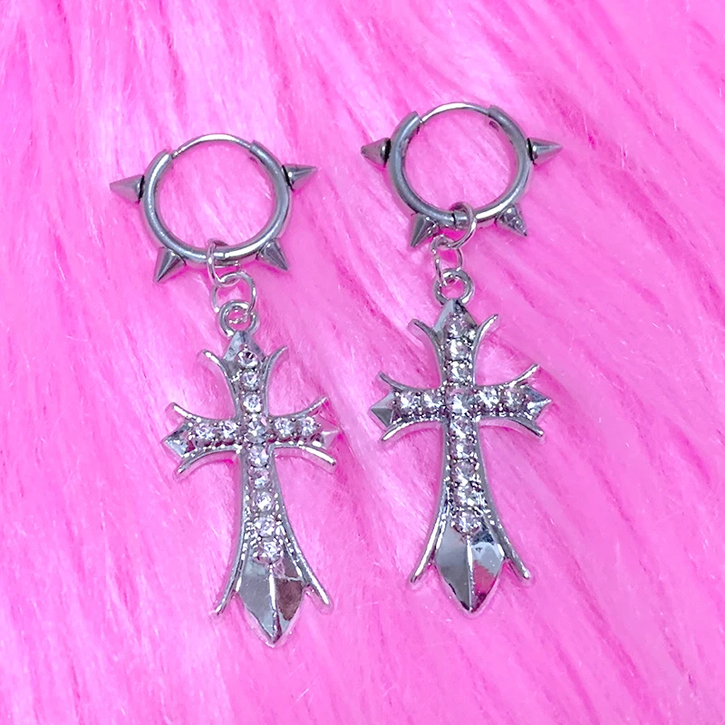 Y2K Pink Heart Crystal Cross Earrings Studs Punk Cool Charm Drop Earrings Women Harajuku Jewelry Korean Fashion Accessories