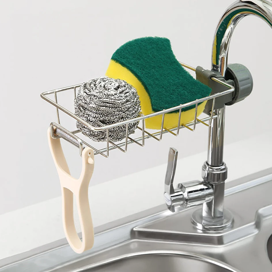 Hängendes Wasserhahnregal, höhenverstellbar, flexibel und drehbar, Abflusshalter für Küchenspüle, geeignet für Seifenschwämme, Bürsten – Detail 2