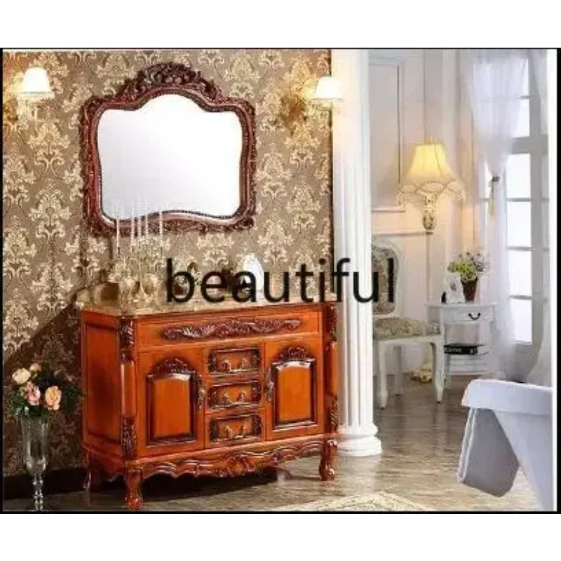 A17 European oak bathroom cabinet solid wood antique, carved mirror cabinet combination marble washstand