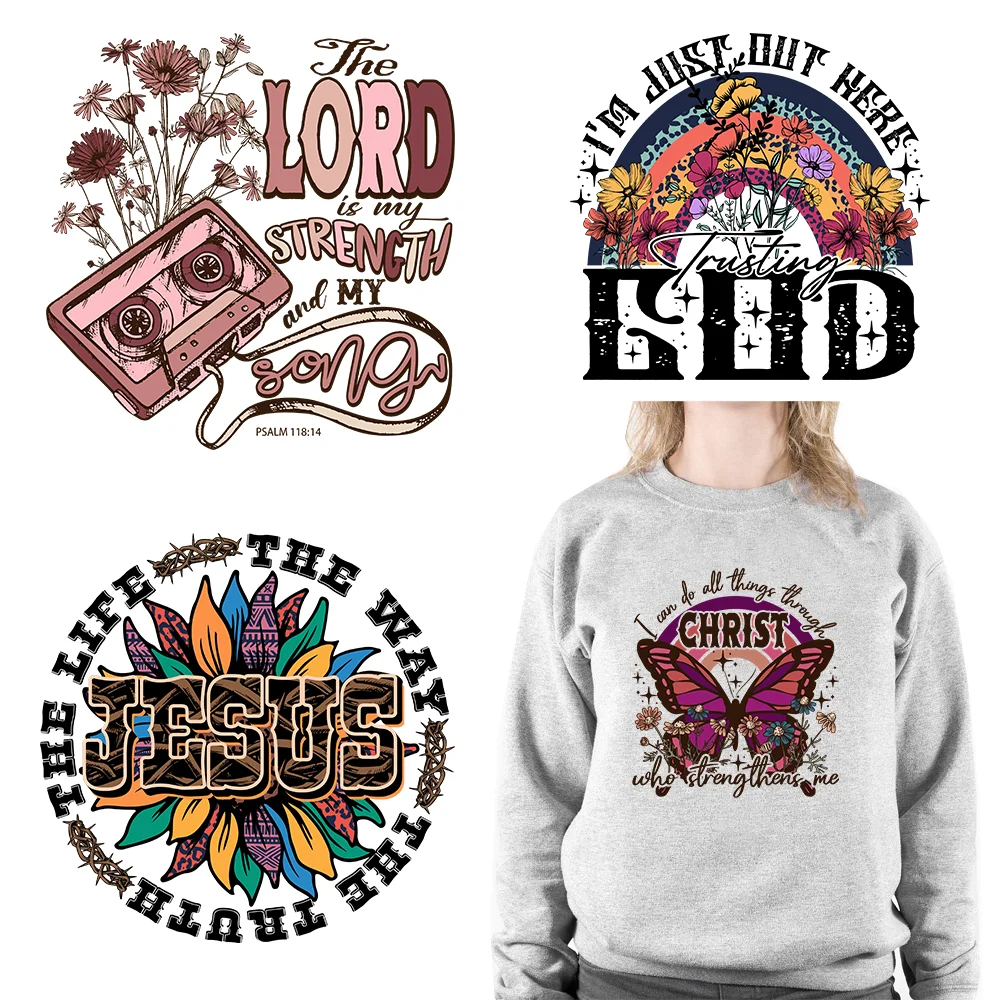 Love Jesus God Heat Sticker DIY Iron On Religion Pray Faith Transfer Beautiful Flower Ready To Press Patches For Clothing