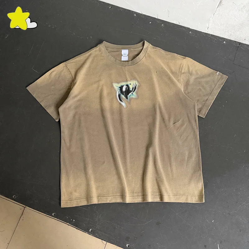 Summer Vintage Khaki Distressed Tee Best Quality Cotton Oversized T-Shirt Hip Hop Graphics Print Protocol Index T Shirt Tops Tag