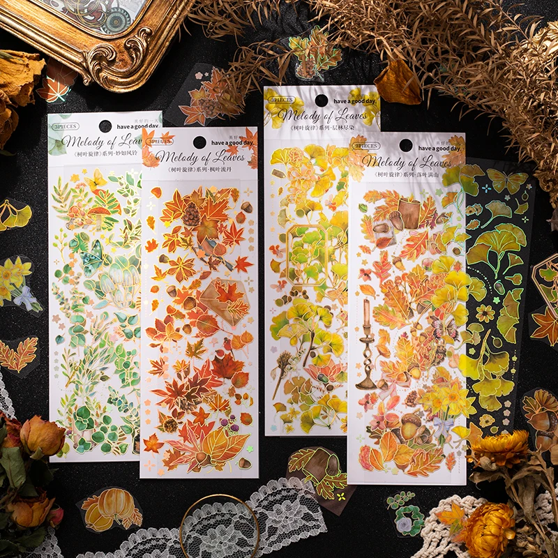 Yoofun 3pcs/pack Aesthetic Laser Golden Stickers Gliding Leaves Adhensive Labels for Album Collage Junk Journal Scrapbooking DIY