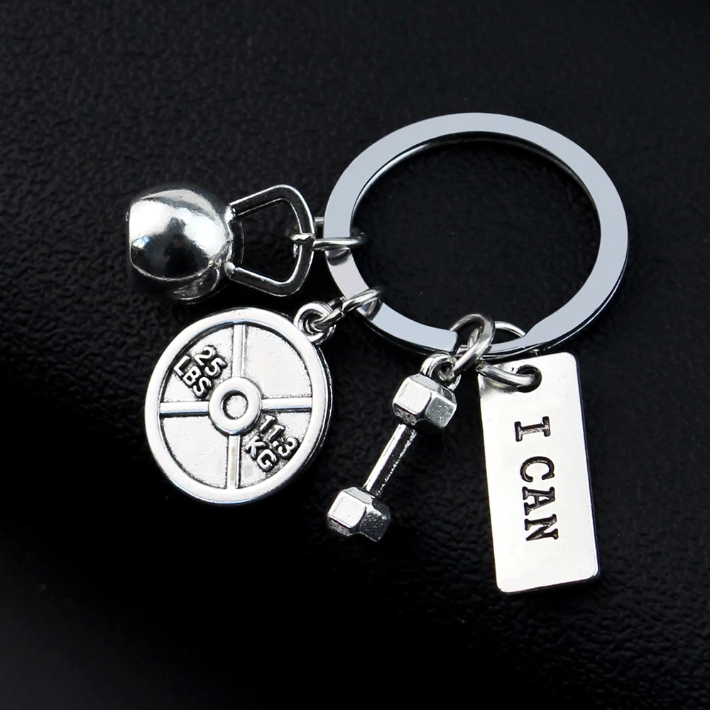 Strength Sports Barbell Dumbbell Charm Weight Fitness with Words Gym Crossfit Gifts Keyring Keychain Car Key Rings for Men Gift