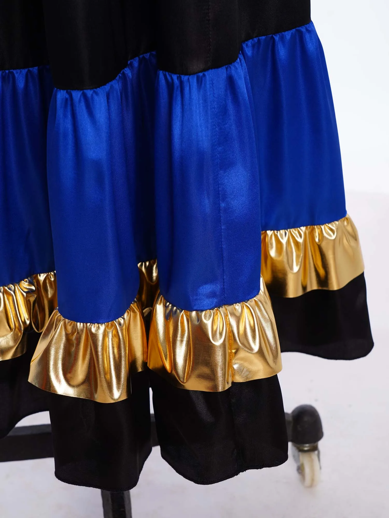 Gonna da ballo flamenco valzer per bambina, gonna maxi altalena grande satinata con volant a strati, colore a contrasto lucido metallizzato per la danza spagnola