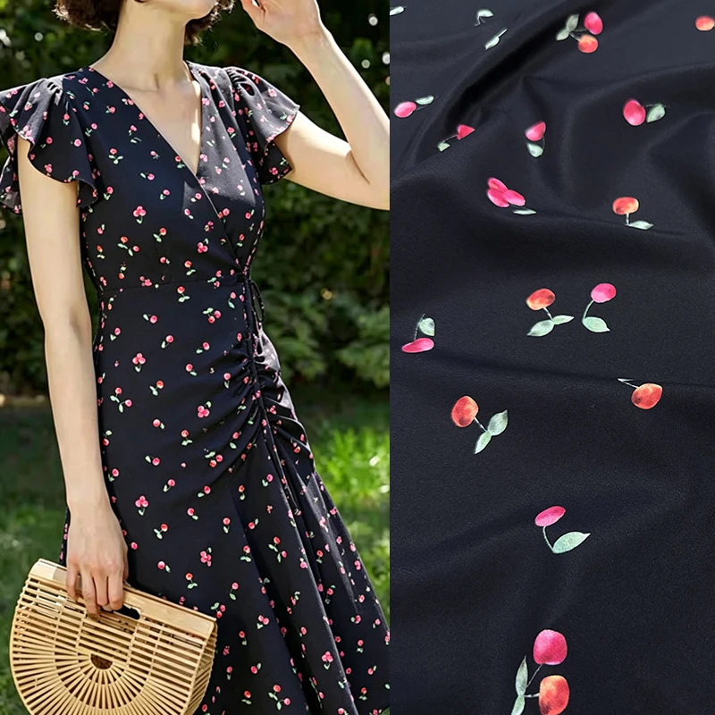 Small Fruites Printed Stretch Black Silk Crepe de Chine Fabric for DIY Sewing Summer Dress Pajamas Soft Silk Fabric FR7057