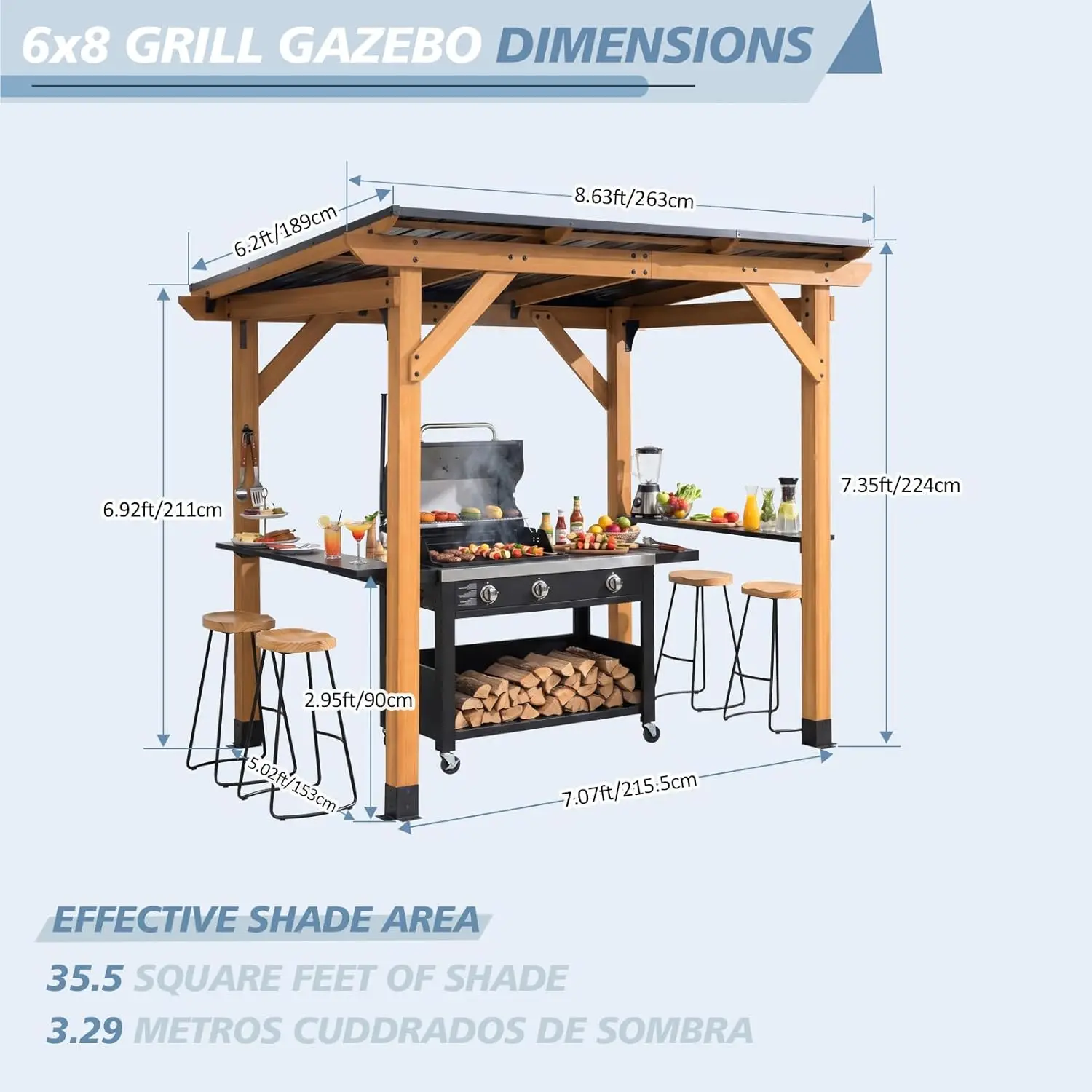 Grill Gazebo 6 x 8 FT,Cedar Wood BBQ Gazebo with 2 Metal Side Serving Shelves&Paper Holder& Bottle Opener,Permanent, Custom