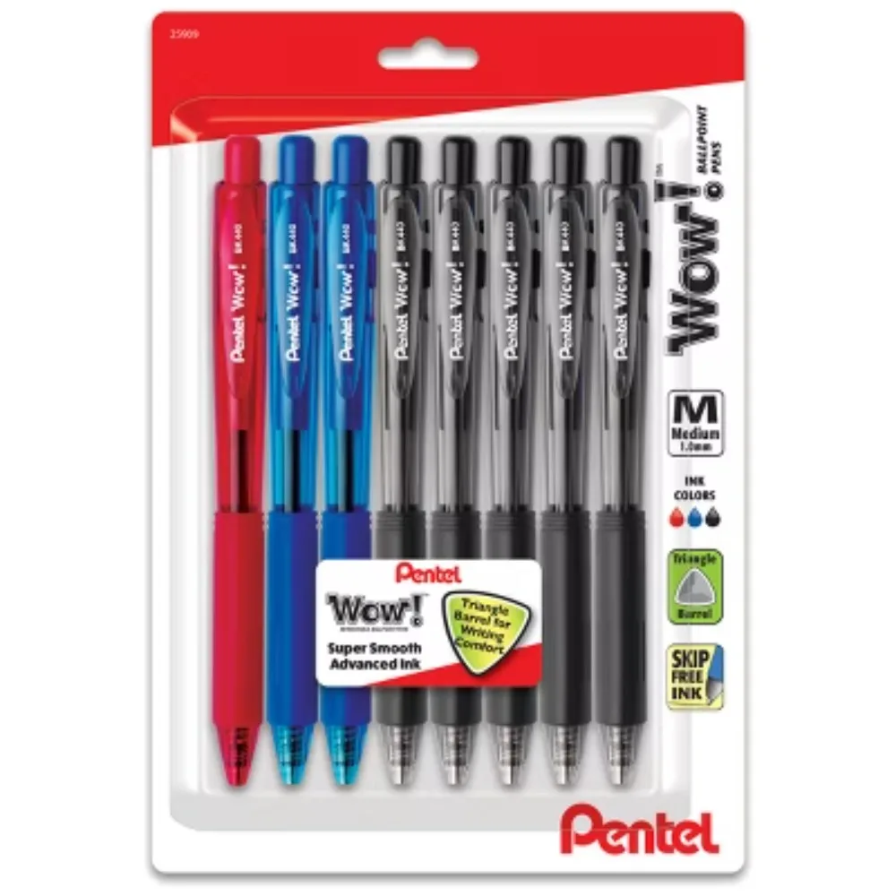 8pk Wow! Ballpoint Pens 1mm Black/Blue/Red: Retractable Click Pens for Art & Office, 8 Pack
