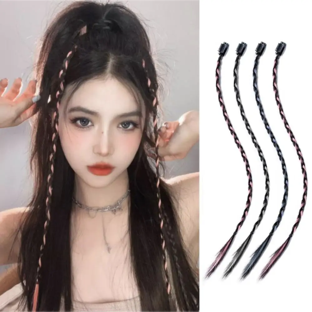 Y2K Twist Braided Hair Rope Cool Fashion Hair Extension Boxing Braid Hair Pieces Clip Invisible Hanging Ear-Dye Wig Girls