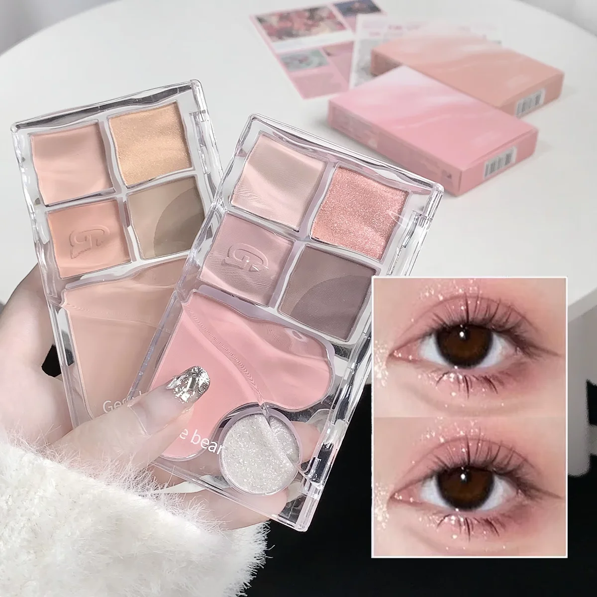 Paleta de sombras de ojos de seis colores, sombra de ojos integrada, rosa perlado mate, maquillaje de larga duración, pureza y deseo