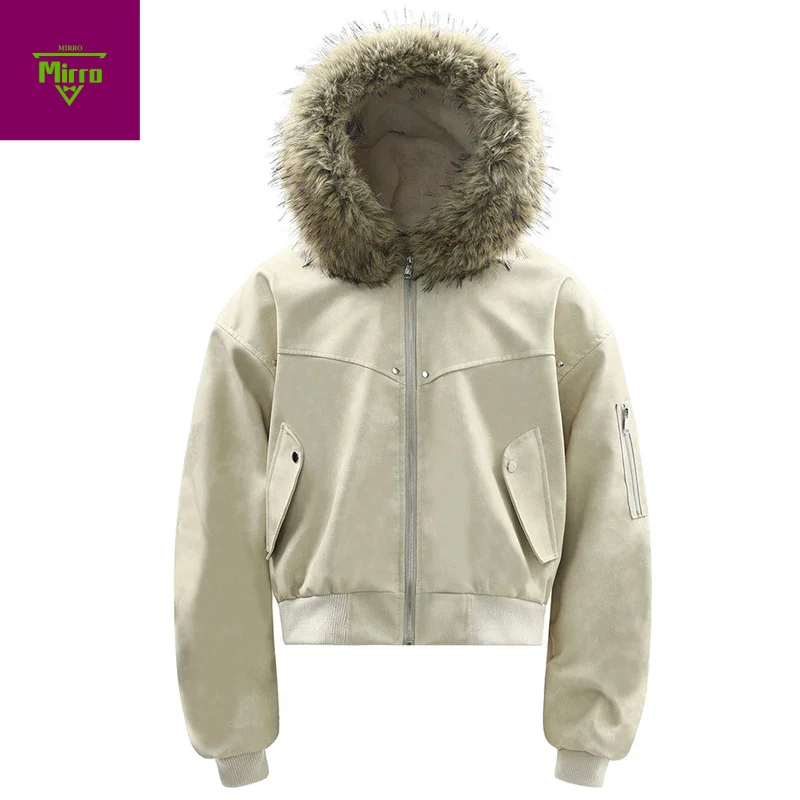 남성 겨울 자켓 퍼 칼라 PU 가죽 파카 코트 빈티지 플러시 따뜻한 자켓 아우터웨어