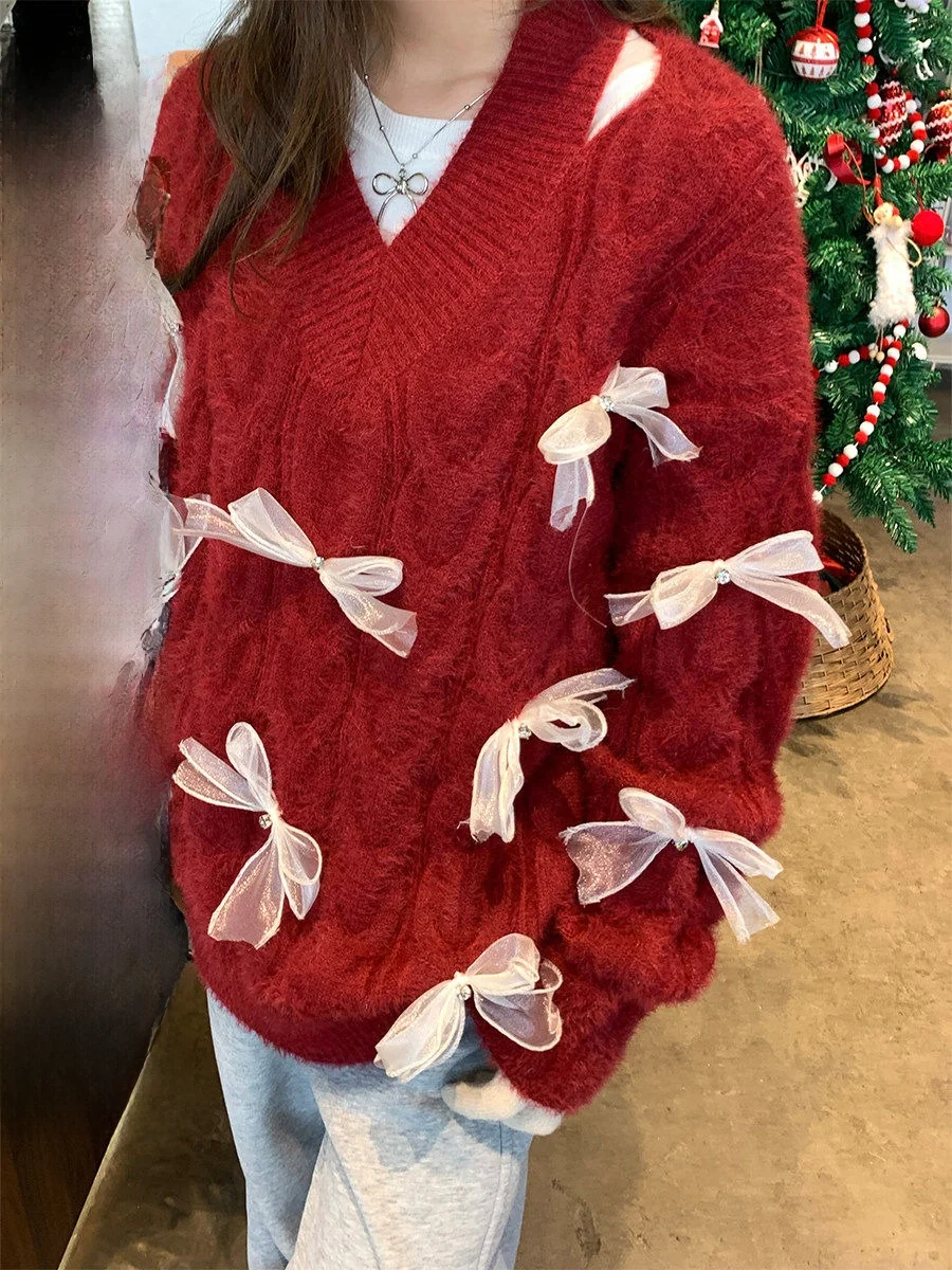 

Женский вязаный свитер COK с V-образным вырезом, узором «косы», из пряжи, зимняя верхняя одежда, повседневный свободный топ с длинными рукавами