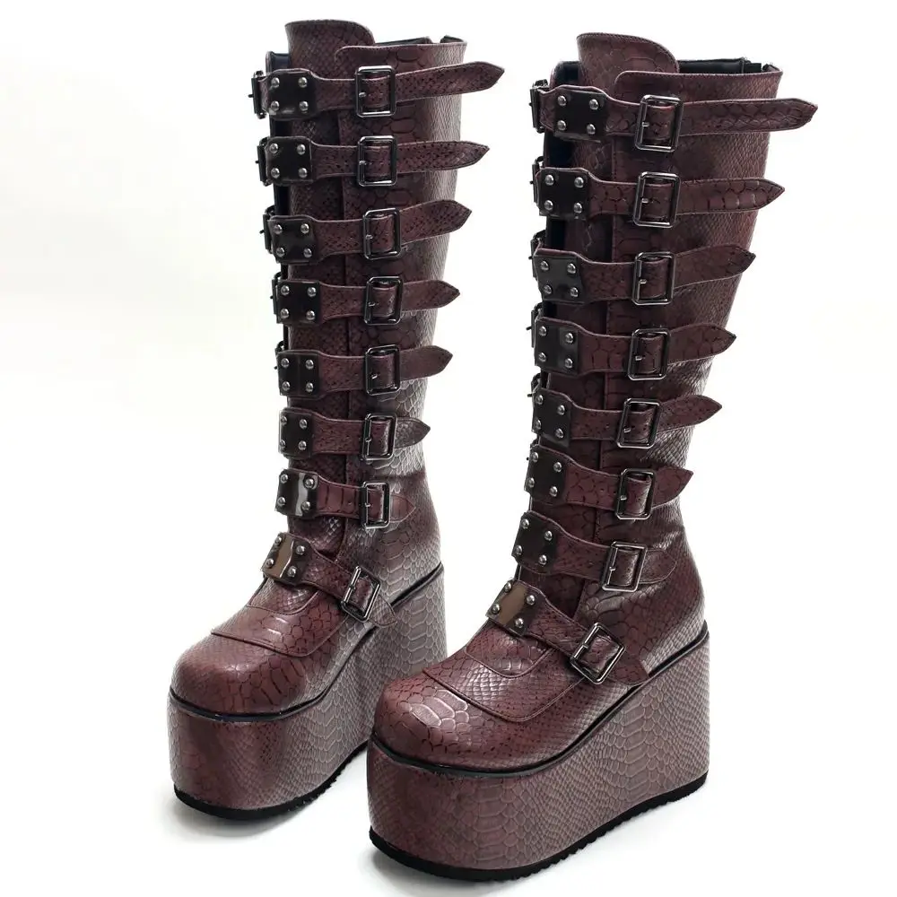 

Retro Goth 11CM High Heel Increasing Platform 2023 New Fashion Punk Belt Buckles Serpentine Pattern Women Knee-High Boots