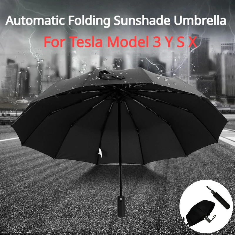 Ombrello per Tesla Model 3 Y Model S X ombrello parasole automatico antivento tre pieghe di grandi dimensioni 21/23 pollici 12 costole accessori