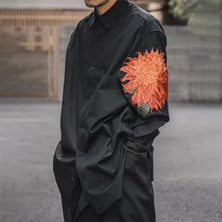 Yamamoto Stijl Rood Bloemenshirt Voor Mannen Japans Langwerpig Donker Geborduurd Bloementops Unisex Loszittende Shirts Met Lange Mouwen