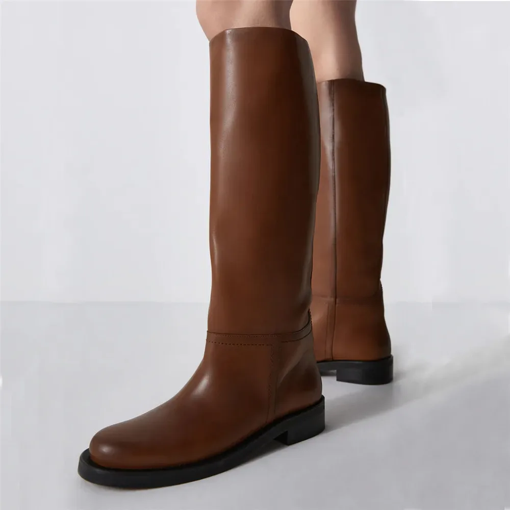MILI-MIYA Women's Classic Round-Toe Wide-Leg Cow Leather Knee-High Boots With Comfortable Square Heels Plus Size 34-43 Handmade view 6