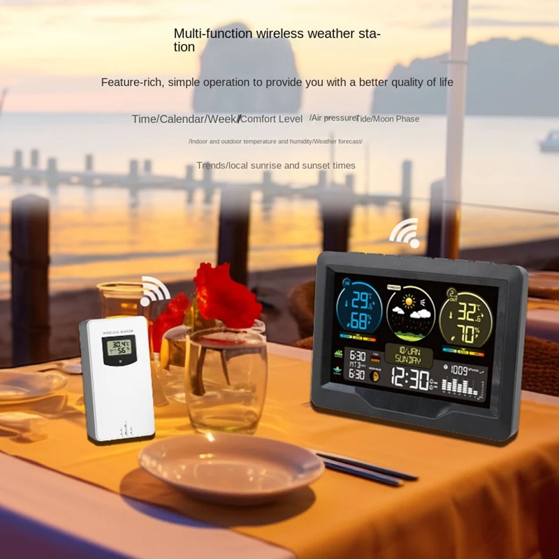 Weather Station Digital Alarm Clock With Color Screen Indoor And Outdoor Temperature Humidity Meter Desk Clocks