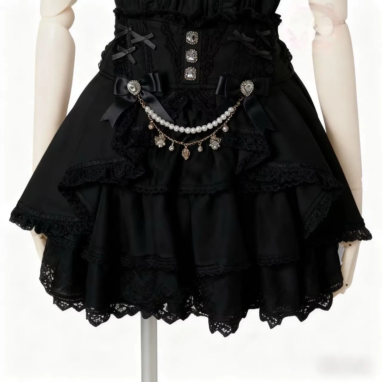 Japanese Gothic Lolita Style Mini Skirt Women Elegant Kawaii Ribbon Bow Diamond Bandage Cake Jk Skirts Female Y2k Short Skirt