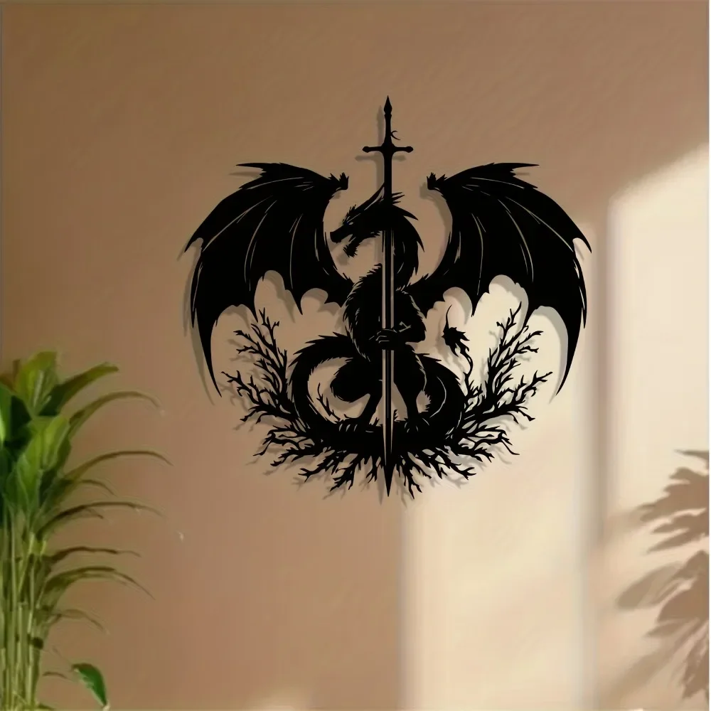 1pc Dragon Sword Metal Wall Art - Weatherproof Iron Dragon Sculpture Indoor Outdoor Fantasy Decor Gift
