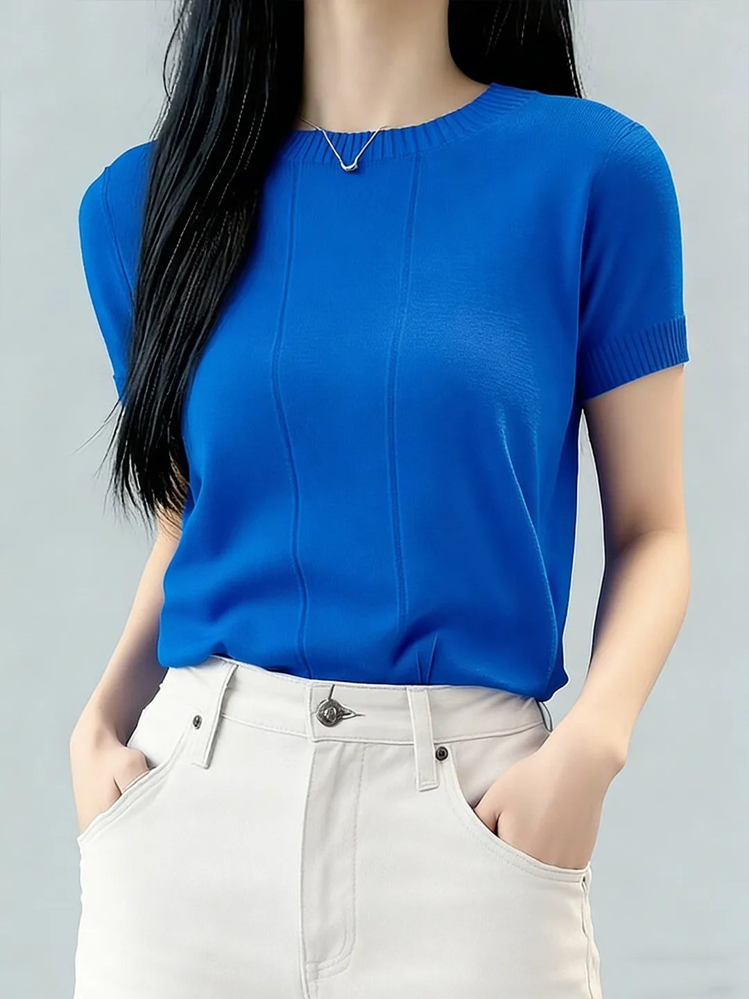 Camiseta de Verano Delgada de Seda Helada Azul Klein con Efecto Adelgazante, Manga Corta, Tejida, para Mujer, Estilo Casual y Elegante para el Día a Día