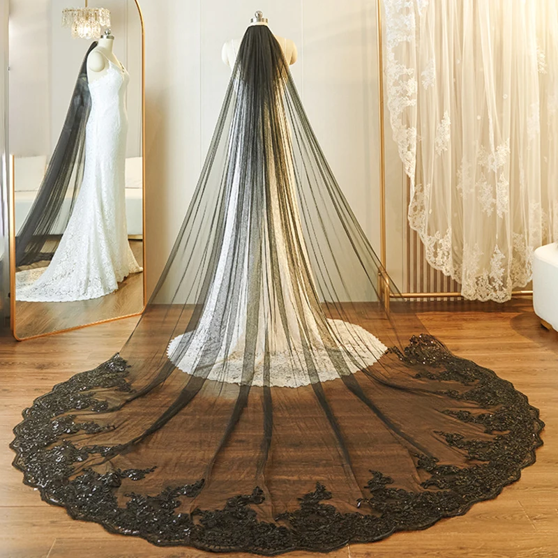 

Hot Sell 2026 Black Cathedral Wedding Veils Cheap Prices Lace Appliques 3*3M Bride Complementos De Boda Velo De Novia