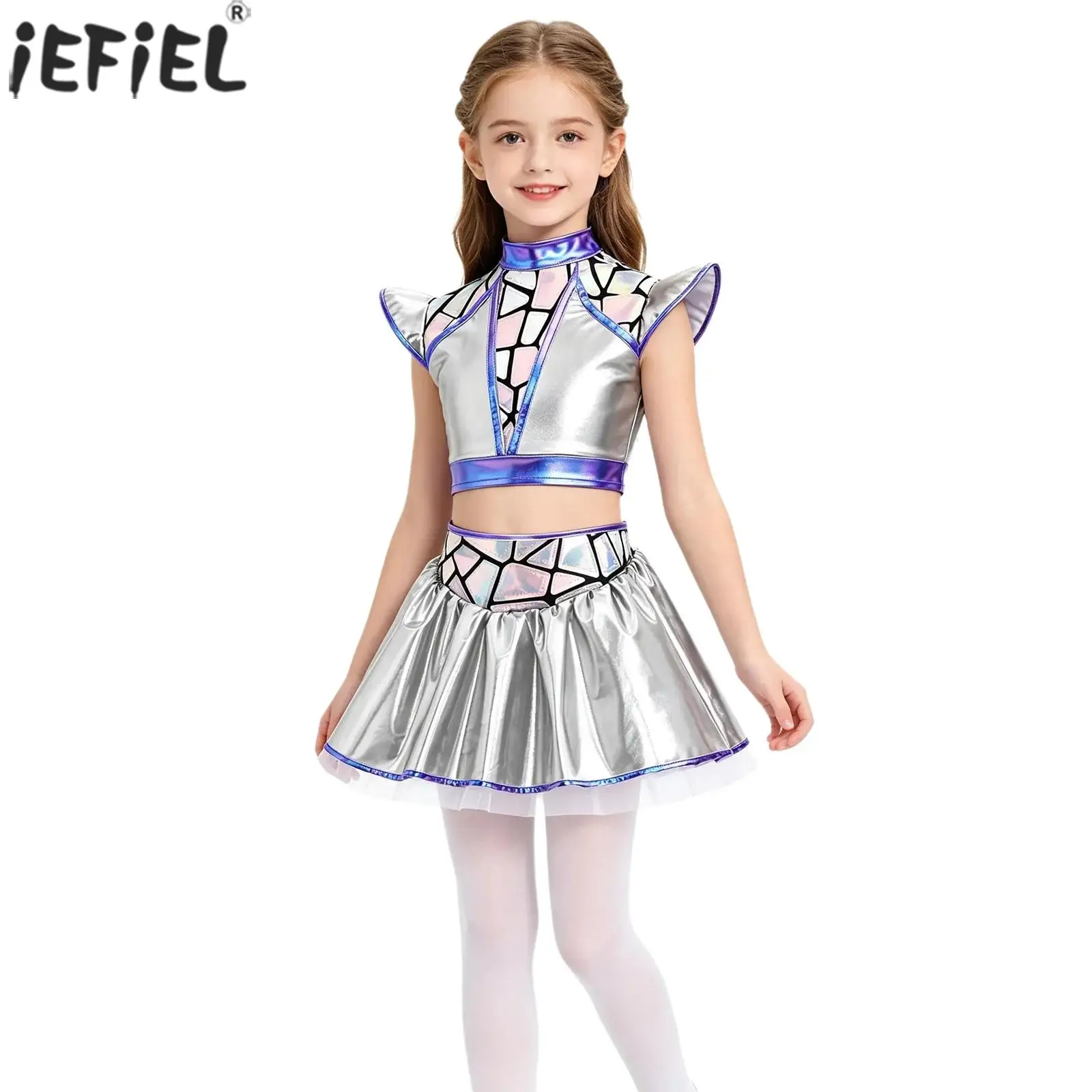 Kids Girls Metallic Shiny Alien Costume Halloween Outer Space Party Dress Up Glossy Printed Crop Top with Layered Ruffled Skirt