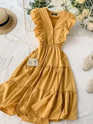 2026 V-hals Ruches Zomerjurk Party Tank Zonnejurk Vrouwen Casual A-lijn Strand Vakantie Jurken Elegante Knielange Vestidos